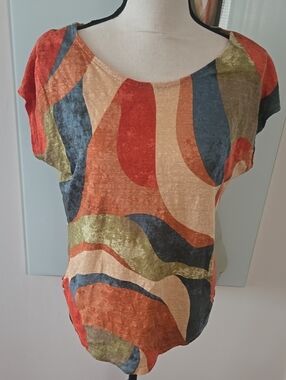 Rachel Zoe Short Sleeve Top in Rust, Olive & Cream Abstract Print